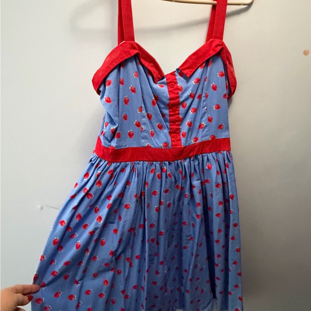 LINDY BOP Blue and Red Cherry Print Dress